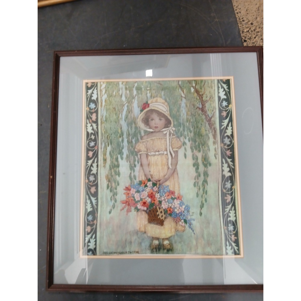 Jessie Willcox Smith Framed Art Print Girl with Flower Basket Embroidered Detail